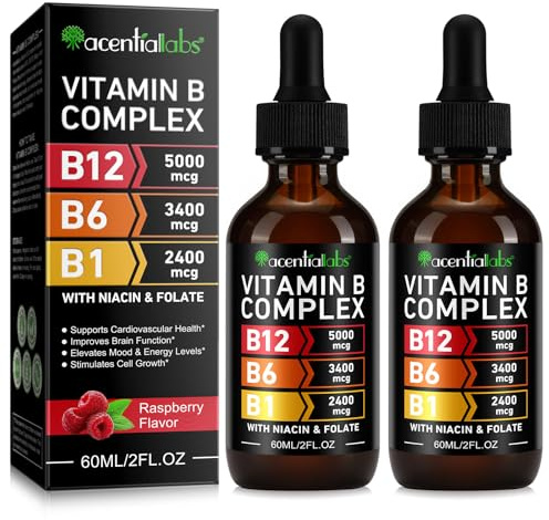 Vitamin B12 Liquid Drops with B6 – Sublingual Methylcobalamin B12 Supplement, High Strength B Complex, Energy Metabolism & Daily Wellness Support，Raspberry Flavor