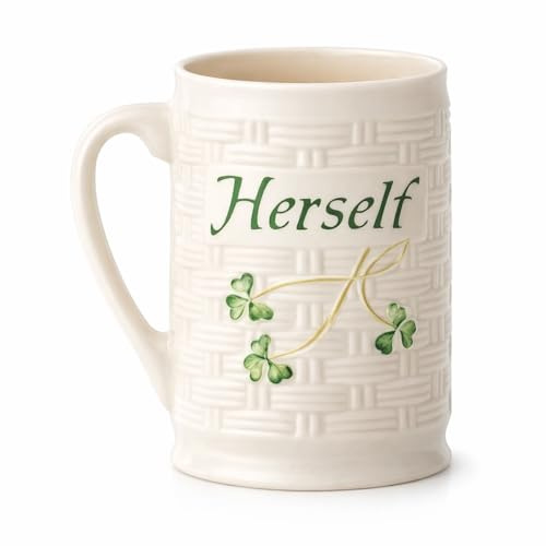Belleek Classic Herself 12 oz Irish Coffee Mug, Handcrafted Microwave Safe Parian China Cup, Shamrock Decor, White