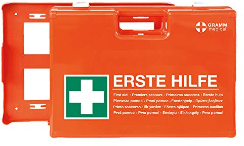 ACTIOMEDIC Mobiler und stationärer Erste-Hilfe-Kasten mit Wandhalterung zur Aufbewahrung, DOMINO DIN 13157:2021 I Hypoallergene Pflaster, mehrsprachig, Visuelle Hilfsmittel, orange, 28 x 12 x 20 cm