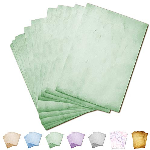 Partycards buntes Urkundenpapier A4 Bedruckbar - Vintage Papier in Grün, Beidseitig Bedruckt, 90 Gramm, 50 Blatt -Optisch Altes Papier Briefpapier edel A4 Vintage im DIN A4 Format Zertifikat Urkunde