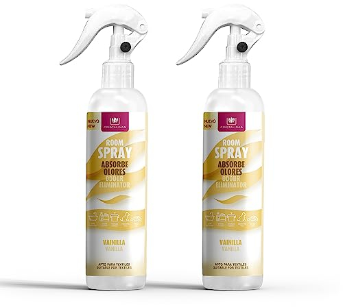 CRISTALINAS | Pack 2 Aerosol Ambientador Spray Pulverizador Absorbe Malos Olores | Para Casa, Cocina, Baño, Coche | Apto para Textiles | 2x250ml | No Contiene Gas (Vainilla, 2x250ml)