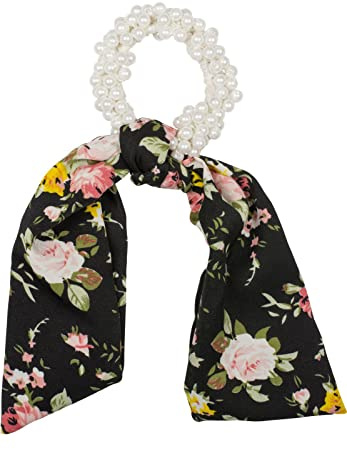 styleBREAKER Damen Perlen Scrunchie Haargummi Satin, Schwarz-Mehrfarbig | 6 cm Außendurchmesser (ungedehnt 4 cm innen), ohne Metall-Klammer, inkl. 40x6,5 cm abnehmbarem Band für flexible Stylings.