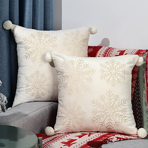 Lewondr Weihnachten Kissenbezug mit Schneeflocke, Weiß & Gelb, 45x45cm | 2 Stück, Weicher Samt, Stickerei & Pompons, Weihnacht Zierkissen, für Zuhause Auto Büro, Gold Weihnachtsdeko