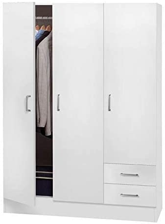 Germanvox Armadio Guardaroba 120x50x170 cm 3 ante e 2 cassetti, Legno Laminato Bianco per Mansarda, Cantina, Garage e Ripostiglio