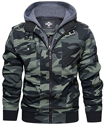HOOD CREW Men’s Casual Stand Collar PU Faux Leather Zip-Up Motorcycle Bomber Jacket With a Removable Hood Camouflagegreen L