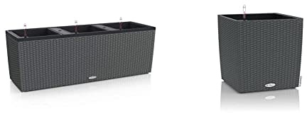 Lechuza Trio Cottage 30 Pflanzgefäß mit ERD-Bewässerungs-System, Granit, 100 x 32 x 34 cm & Cube Cottage 30 Pflanzgefäß mit ERD-Bewässerungs-System, Granit, 30 x 30 x 30 cm