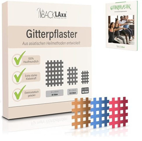 BACKLAXX ® gallertejp 180 stycken premiumkvalitet – gallerplåster set i storlekar typ a – gratis omfattande eBook med 60 användningsexempel – akupunkturplåster cross tape, rutplåster