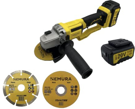 Nemura Smerigliatrice angolare a batteria 20V - Utensile con motore senza spazzole - con 3 Dischi da 125 mm, 1 Chiave regolabile, 1 Impugnatura, 2 Batterie 4Ah e 1 Caricabatterie - SAC in Italiano