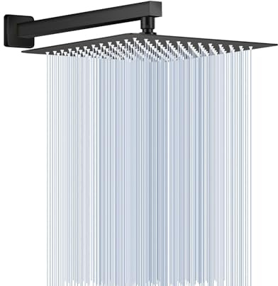 KINLIV All Metal Matte Black Rainfall Shower Head with Extension Arm, 12 Large Rain Square Showerhead with 16 Long Shower Arm Stainless Steel, 144 Silicone Nozzles Waterfall Full Body Coverage