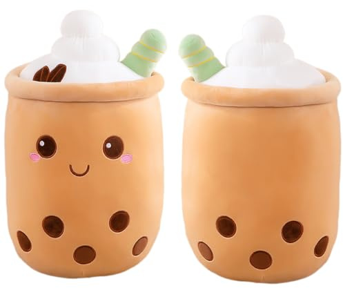 Aiuidun Bubble Tea Peluche Cuscino, Kawaii Boba Peluche Giocattolo Imbottito Soft Bubble Pearl Milk Tea Abbraccio Cuscino Regali per Bambini(Brown-Round eyes,35cm)