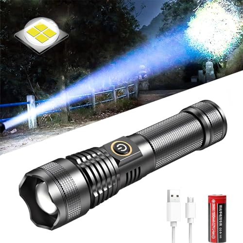 XLENTGEN Lampe Torche Rechargeable 200000 Lumens Lampe de Poche LED XHP70.2 Ultra Puissante avec Batterie 7200mAh, 5 Modes Lampe Tactique Étanche pour Camping, Randonnée, Urgences