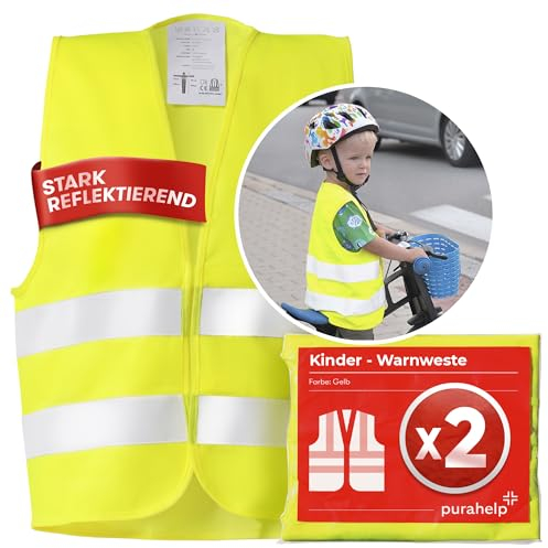PURAHELP Warnweste Kinder (5-12 Jahre) Sicherheitsweste (2 Stück) für den Schulweg, Fahrrad, Auto - Reflektierende Warnweste Gelb