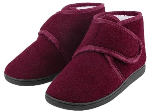 TIESTRA Warm Hausschuhe Damen Winter Lammfell Diabetiker Hausschuhe Breiter Fuß Filzpantoffeln Mit Memory Foam Sohle,Filz Herrenhausschuhe Mit Klettverschluss,Rot 40