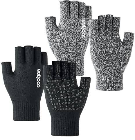 COOLJOB Gants d'Hiver Chauds en Tricot pour Homme et Femme, Gants Demi-Doigts à Écran Tactile pour Smartphone, Conduite, Sport, Velo, Ski, Musculation, Run (2 Paires M, Noir et Gris)