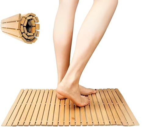 ADEPTNA Wooden Duck Board Bath Mat Acacia Wood Non-Slip - Luxury Rectangular Slatted Design for Bathroom, Shower, Spa, Sauna - 60cm x 40cm Waterproof Floor Decor
