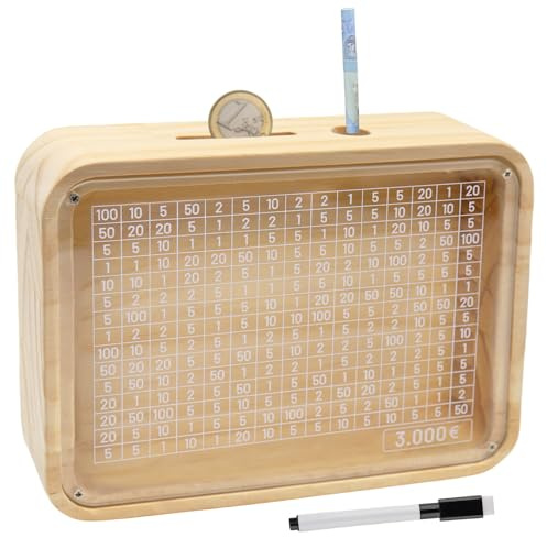 Spardose Holz, Sparbox Holz, Sparbox mit Zahlen Ankreuzen, Retro Sparbüchse mit Sichtfenster, Wiederverwendbare Spar Box, Sparschwein mit Sparziel, Spardose mit Sparziel für Erwachsene