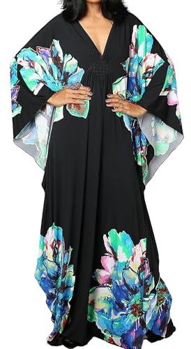 Bsubseach Women Ethnic Print Kaftan Beach Dress Plus Size Swimsuit Cover Up Blue Peony