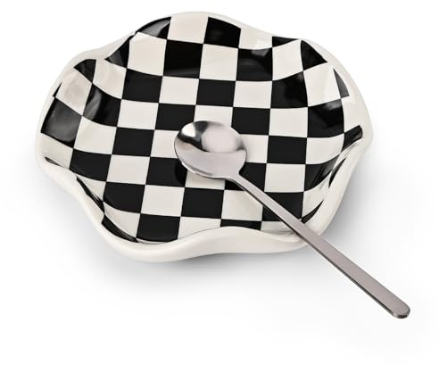 Koythin Repose-cuillère en céramique pour dessus de cuisinière, comptoir de cuisine, porte-ustensiles résistant à la chaleur, joli repose-cuillère décoratif en damier pour cuisine, café et comptoir