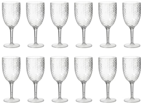 eMKay® Pack of 12 Reusable Dimple Plastic Wine Glasses – Elegant 400ml Acrylic Goblets, 20cm Tall – Lightweight, Shatterproof & Glass-Look – Perfect for Camping, Picnics, Outdoor Dining & Everyday Use