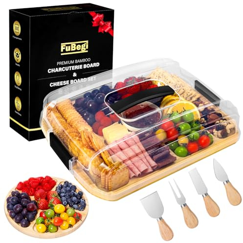 Cheese Board and Knife Set, Bamboo Cheese Board with Lid Cover, Charcuterie Board Gift Set with Lid Handle for Meat Snack Travel, Cheeseboard Serving Board Platter Christmas Tray House Warming Gift