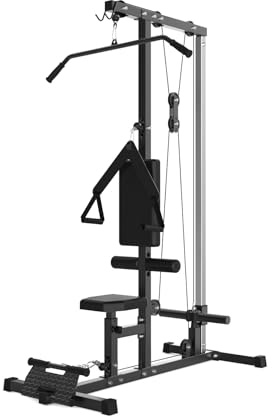 LAT Pull Down Machine with High and Low Pulley Station, LAT Row Cable Machine with Adjustable Legs Support, Heavy Duty Back Exercise Equipment for Home Gym Strength Training, Black
