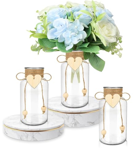 DRANSMIC Vintage Glass Vases for Flowers, Set of 3 Mason Jar Vase Table Centerpieces for Farmhouse Room Decor, Wedding, Bridal Shower Bud Vase Set (Small)