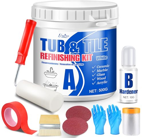 Tub and Tile Refinishing Kit - 17oz Semi-Gloss White Tile Paint with Tools for Bathtub Sink Countertop for Bathroom Kitchen, Bathtub Paint for Ceramic, Porcelain Fiberglass, Low Odor, 25-30 sq.ft
