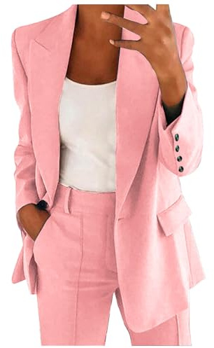 Women's Trouser Suits Wedding Guest 2 Piece Outfits Long Sleeve Button Lapel Blazer and Trousers with Pockets Elegant Lightweight Suit Ladies Formal Office Business Outfit for Autumn Winter Pink