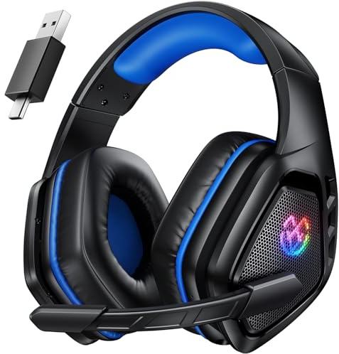 Tatybo Casque Gaming sans Fil pour PC, Ps5, Ps4, 2,4 GHz USB et Type-C avec Microphone, Batterie 40H, Casque Bluetooth pour Switch, Ordinateur Portable, Mobile, Mac, Noir-Bleu