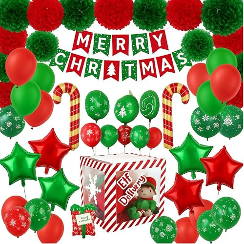 eBoutik - Christmas Im Back Magic Elf Arrival Delivery Box & Adhesive Icons - Children Red & White Transparent Box With Balloons Decoration - For Parties, Christmas Eve, Includes Xmas Party Pack