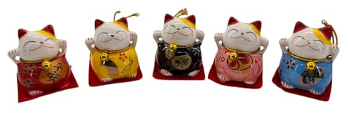 Rardsay 5 Pcs Ceramics Maneki Neko Lucky Fortune Cat Figurines Good Luck Collectible Figurines Smiley Waving Upright for Office Desktop Home Car Decor