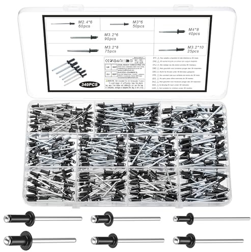 340 PcsRemaches Aluminio Negro, Remaches Ciegos de Aluminio con Brida Grande, Remaches de Aluminio con Cabeza Ancha para barcos, coches, muebles, rieles, bricolaje(negro, M2.4, M3, M3.2, M4)