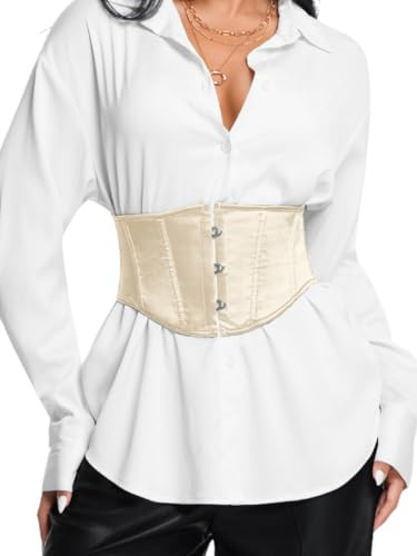 ChiaoLezhee Women's Satin Underbust Corset Belt, Renaissance Elegant Waist Cincher, Front Hook & Lace-Up for Perfect Curves Half Corsets,Beige Champagne Nude,3X-Large