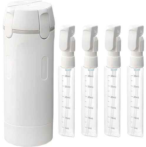 4 in 1 Refillable Travel Dispenser Bottles, Refillable, Leak Proof, Portable Containers for Shampoo Lotion Conditioner Cream - Transparent with Scale and Label - for Business Trips Gym Camping (White)