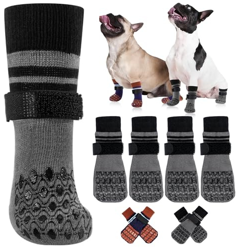 Kuoser 2 Paar Hundesocken Anti Rutsch, Pfotenschutz Hund nach Op, Grau L | Socken Hund mit verstellbarem Klettverschluss für mittelgroße Hunde, Antirutschsocken Hund, Hundesocken Leckschutz