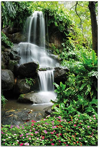 Wallario Outdoor-Poster für Garten oder Balkon Sturzbach im Grünen, Motivbanner Größe: ca. 60 x 90 cm, Outdoor-Bild