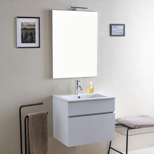Kiamami Valentina Mobile Bagno Sospeso 60 Cm Bianco Legno Serie Sole | Composizione con base 60x46x50 cm, lavabo in ceramica, specchio 60x80 cm, cassetto soft close, stile moderno