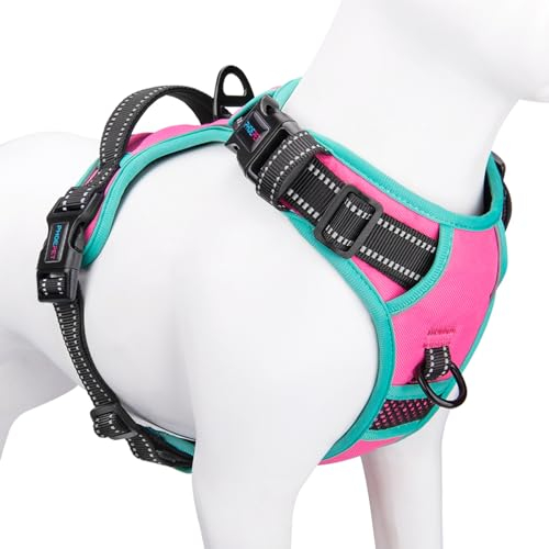 PHOEPET Upgraded No Pull Dog Harness, Reflective Adjustable Vest, with a Training Handle + 2 Metal Leash Hooks+ 3 Snap Buckles +4 Slide Buckles(S, Pink)