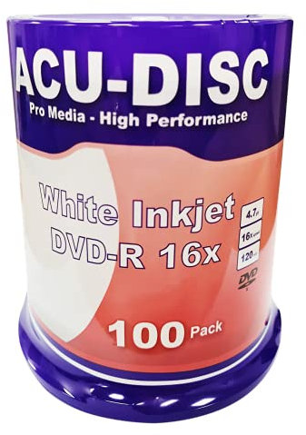 ACU-DISC DVD-R Blank 16x 4.7GB 120 Mins Full Face White Hub Inkjet Printable 100pk - Cake Box