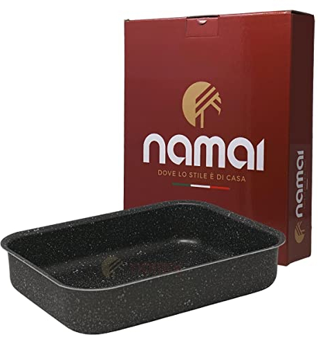 NAMAI Teglia Forno Rettangolare 22cm x 30cm x 6,5cm - Lasagnera Antiaderente - Adatta Per la Lavastoviglie- Alluminio - Teglie da Forno - Design Effetto Pietra (22cm x 30cm)