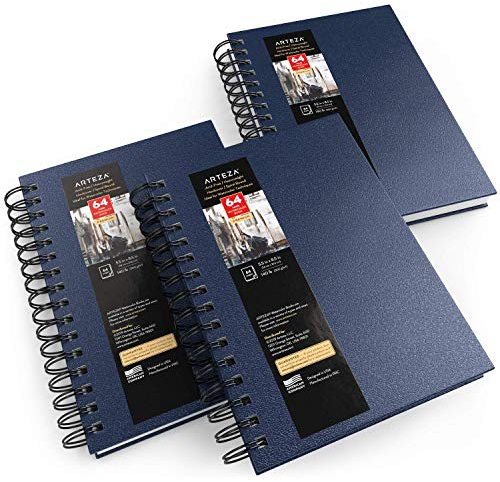 Arteza Aquarellpapier Skizzenbücher, 14 x 21.6 cm, 3er-Pack, blaues Hardcover Skizzenbuch, je 32 Blatt, 300 g/m² Aquarellbuch, Ringbuch für Aquarell, Gouache, Acryl, Bleistifte