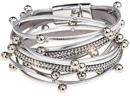 Suyi Women Wrap Bracelet Multilayered Leather Braided Bangle Wrist Cuff Bangles with Magnetic Buckle Silver1