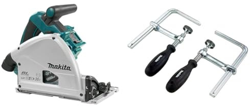 Makita DSP600ZJ (36V) Twin 18V Li-Ion LXT Brushless 165mm Plunge Cut Saw Supplied in A Makpac Case - Batteries and Charger Not Included & 194385-5 Clamp Set for SP6000 Plunge Saw (Pair), Silver