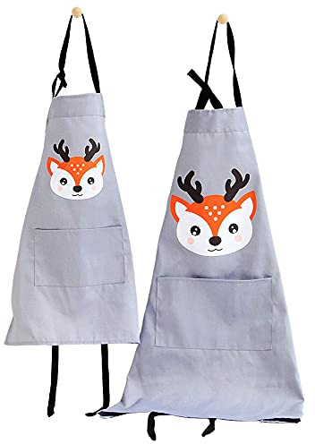 GudGmtoy 2 Stück Eltern-Kind-Schürzen, Küchenschürze, niedliches Kochschürzen-Set für Erwachsene und Kinder, mit Tasche zum Backen, Malen, handgefertigte Schürzen, grau, S, L