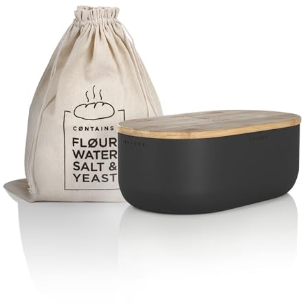 LARS NYSØM Brotkasten I Brotbox aus Metall mit Brotsack aus Leinen für langanhaltende Frische I Brotdose mit hochwertigem Bambusdeckel verwendbar als Schneidebrett I 36x19x13cm (Carbon Black)