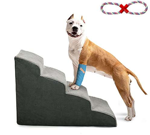 A.FATI Hundetreppe Bett, 4 Stufen Hunderampe aus hochdichtem Schaumstoff für Couch|Sofa|, rutschfeste Haustiertreppe 50cm Hoch für Kleine Hunde - mit Hundespielzeug Seil (grau)