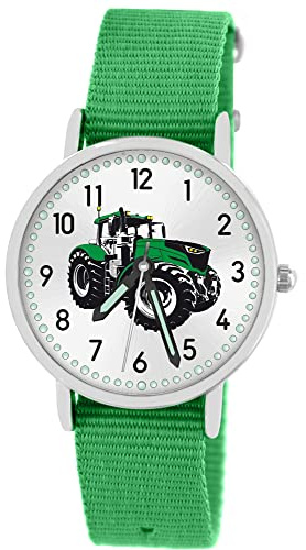 Pacific Time Kinder Armbanduhr Jungen Traktor für Kinder grün Trecker Kinderuhr Auto Car Textilarmband Leuchtzeiger analog Quarz