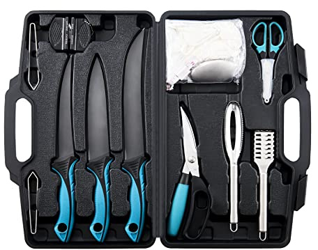 Fiskfilékniv set böjd flex 17,78 cm 22,88 cm filékniv för filéering och urbening halkfria handtag inkluderar fiskfläta linje sax fiskdressing sax filéblock
