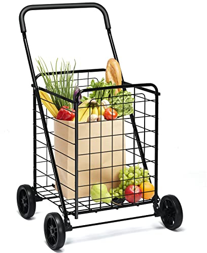 GOPLUS Vikbar kundvagn, bärbar transportvagn tillverkad av slitstark stålramskonstruktion med flexibla hjul och ergonomiskt handtag, vikbar universalvagn för shopping, camping (svart)