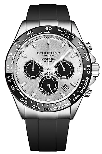 Stuhrling Aquamaster Quarz-Chronograph, silbernes Zifferblatt, verschraubte Krone, leuchtende Zeiger, Keramiklünette, schwarzes Gummiband für Herren, 42 mm Gehäuse, Datum, wasserdicht